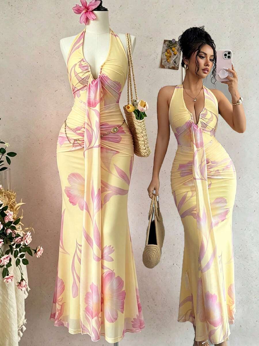 Rafferiza Vestido elegante, vestido sexy, vestido largo, vestido halter, vestido floral, vestido de playa, vestido de verano, vestido sin mangas - Multicolor - Ver 1