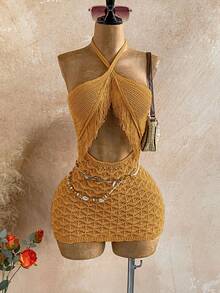 Soleia 女士纯色流苏装饰镂空露背性感毛衣连衣裙 - 橘色 - 查看 3