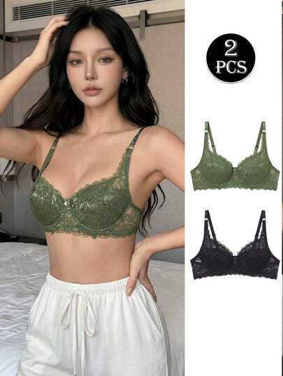 2件装女士纯色蕾丝钢圈文胸