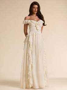 SHEIN BAE Aprikosenfarbenes Chiffon-Maxikleid mit tiefem V-Ausschnitt, Rüschenbesatz und figurbetonigter Passform, Creme, Sommer, elegant, Hochzeits-Brautkleid, Damen-Sommerkleid, formelles Brautjungfernkleid - Aprikosenfarben - Übersicht 6