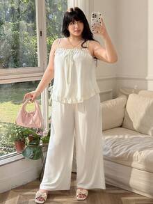SHEIN EZwear Comfortable Linen Solid Color Ruffle Strap Top And Wide Leg Pants 2-Piece Set, Casual Vacation Style, Plus Size Formal White Summer - White - View 6