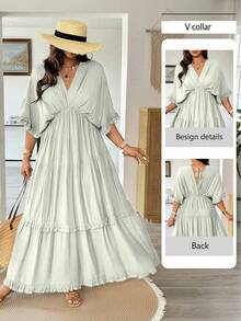 Vionelle Vestido regular con volantes y unicolor de estilo francés, talla grande, para primavera/verano - verde menta - Ver 1