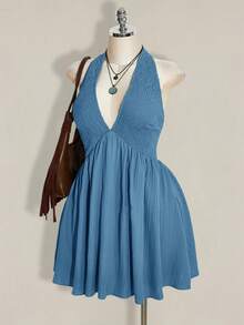 SHEIN ICON 加大码露背吊带黑色编织收腰A字连衣裙，适合夏季、度假、日常穿着、Y2K风格、暑假、返校季等场合。 - 霧霾藍 - 查看 4