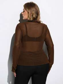 Maija Plus Size Women's High Neck Long Sleeve Sheer Blouse,Chocolate Brown Autumn Classy Night Out Club,Fitted Business Casual Mesh Top Mother's Day Outfit - Brown - View 2