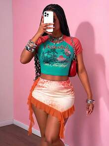 Slaydiva Bộ đồ hai mảnh nữ mùa hè 2025 mới, phong cách thường ngày, đường phố, retro, thích hợp đi hẹn hò, dự lễ hội âm nhạc, cổ tròn, tay ngắn, phối màu đỏ và xanh lá cây, in hình cây xanh, kèm chân váy xòe xếp ly không đều, dáng suông. - trái cam - Xem 1