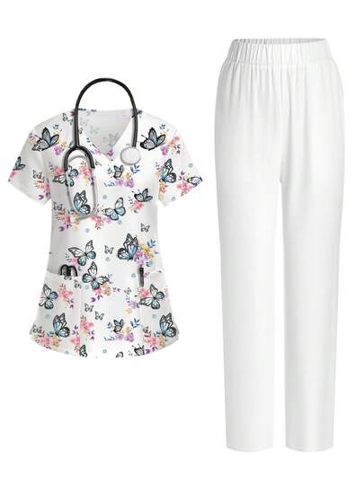 PopScrub Bộ đồ 2 mảnh dành cho nữ: Áo sơ mi cổ chữ V tay ngắn màu trắng in hình bướm và hoa, có túi và thiết kế tai thỏ, xẻ tà, kết hợp với quần ống đứng, thích hợp làm đồng phục y tá mùa xuân/hè, trang phục thường ngày, bộ đồng phục.