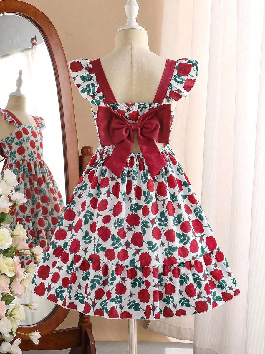 SHEIN Genkimix Kids Young Girl' Floral Print Exposed Waist Bow Decor Elegant Cap Sleeve Dress, Suitable For Summer Outings, Vacations, Parties - White - View 1
