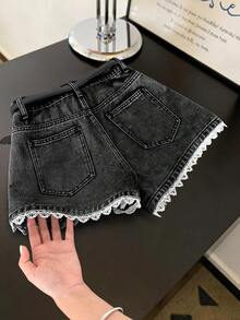 GlowEve Women's Casual Lace Trim Versatile Daily Wear Denim Shorts - Black - View 2