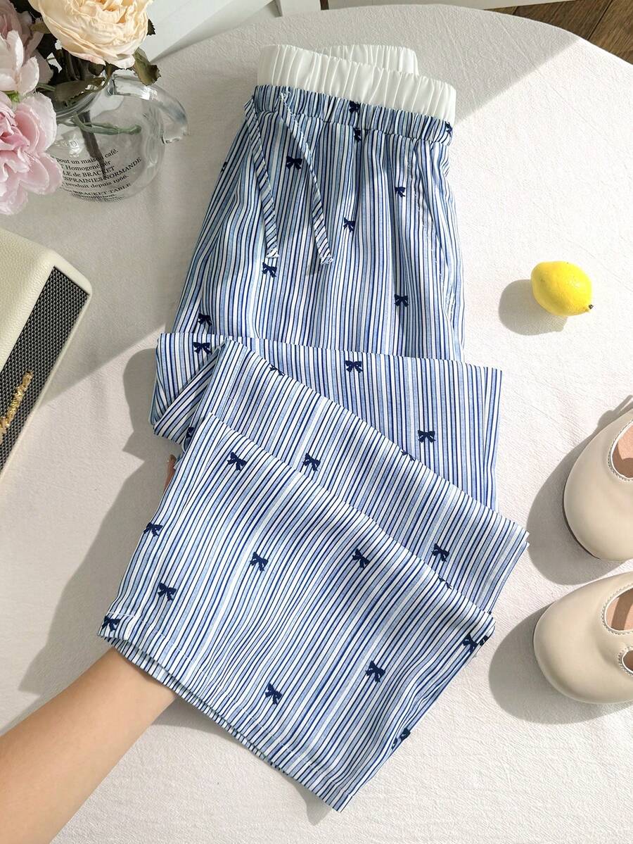 SHEIN 青少年女孩休閒日常百搭舒適寬鬆拼接腰長褲 秋冬穿搭 - 藍色 - 查看 1