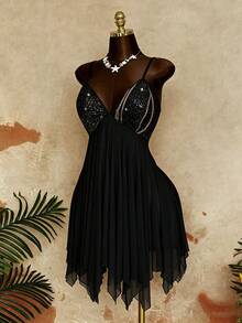 Sunspun Vestido con escote pronunciado y espalda descubierta, de talla grande y estilo de moda - Negro - Ver 4