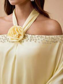ZEYLAH Abito da donna con spalle scoperte, decorato con strass e fiori 3D - Giallo - Visualizzare 6