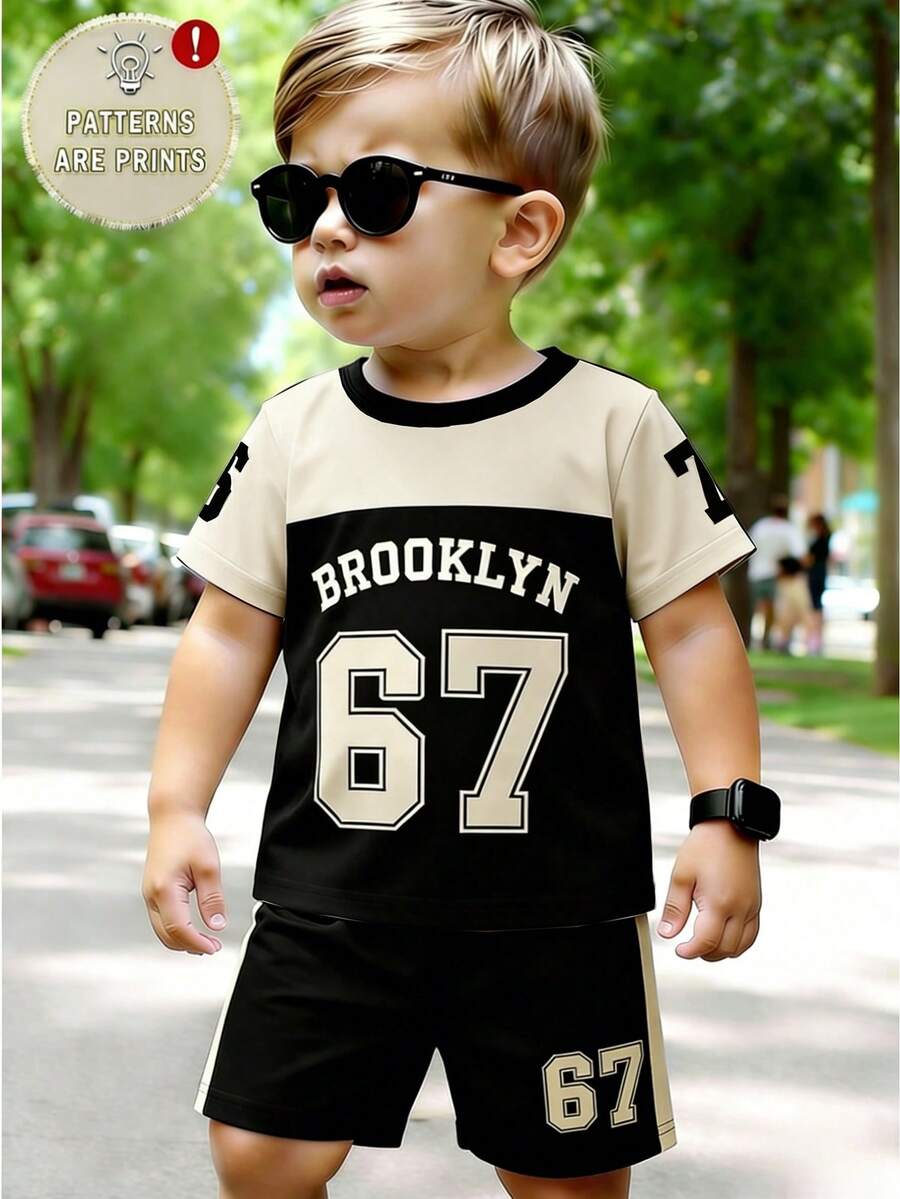 2pcs Baby Boy Sports Casual Set, Logo Number Graphic Print Crew Neck Short Sleeve Top With Number Print Shorts, Suitable For Outings, Summer Number Ball Uniform, Black And White Color Block 67 Sports Ball Uniform - Multicolor - View 1