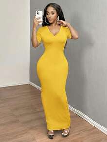 SHEIN SXY 女士纯色V领修身短袖连衣裙 Hoco连衣裙 - 黃色 - 查看 3