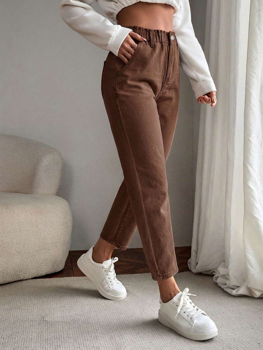 EMERY ROSE Quần jeans nữ cỡ lớn cạp cao có túi, kiểu dáng thường ngày, đa năng. - Cà phê nâu - Xem 1