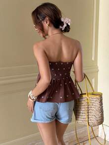 Serisse Áo quây buộc dây phía trước, thêu hoa, thích hợp cho kỳ nghỉ hè của nữ - màu nâu - Xem 2