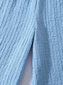 SHEIN 2pcs/Set Girls Cute Summer Blue And White Tropical Vacation Holiday Casual T-Shirt,Flare Sleeve Textured Yarn Bow Top And Wide Leg Pants Set - Blue - View 7