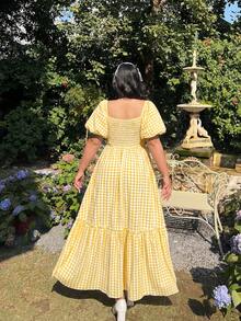 Lyrianda Vestido casual de vacaciones de manga corta a cuadros verdes para mujer de talla grande - Amarillo - Ver 2
