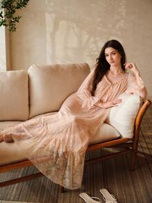 MOTF PREMIUM WOOD FRILL TRIM RUCHED LACE PATCHWORK OVERSIZED NIGHTGOWN, SPRING/SUMMER - Coral Pink - View 6