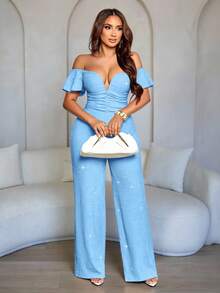 SOLERSUN Bộ jumpsuit thời trang thanh lịch dành cho nữ, cổ chữ V, trễ vai, tay bồng, chất liệu lấp lánh, thích hợp cho tiệc tùng, hộp đêm, câu lạc bộ đêm, ống rộng, dáng ôm sát, hẹn hò. - Màu xanh nhạt - Xem 8