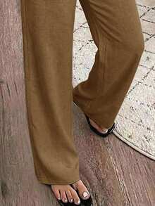 SHEIN PariChic Quần nữ dáng rộng, màu trơn, chất liệu vải có họa tiết, thích hợp mặc đi nghỉ mát. - Màu Khaki - Xem 3