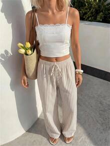 SHEIN ICON Quần ống rộng kẻ sọc dáng suông thoải mái dành cho nữ cỡ nhỏ (PEDITE) - màu nâu - Xem 5