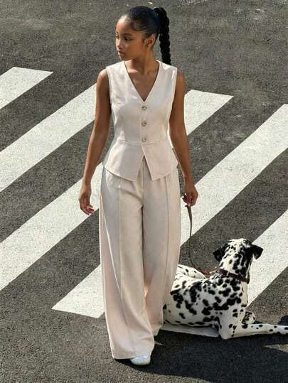 Teen Girl's Spring/Summer Elegant Commute School Formal Open-Front Sleeveless Suit Vest + Loose Straight-Leg Trousers Woven Solid Color Suit