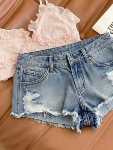 SHEIN Women's Sexy Ripped Washed Super Low Waist Denim Shorts, Summer - Blue - View 4