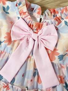 SHEIN Playful Pals 女婴时尚休闲碎花蝴蝶结装饰蛋糕裙，适合春、夏、秋季、居家、度假、节日、派对、日常穿着 - 彩色 - 查看 7