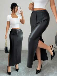 SHEIN Elenzya Falda maxi negra lisa para mujer, elegante con abertura lateral ajustada para verano y vacaciones, falda de noche de clase para fiestas, citas, desplazamientos de negocios, otoño - Negro - Ver 5