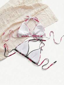 SHEIN Swim Curve 大码女式印花吊带泳衣两件套上衣 - 粉色 - 查看 2