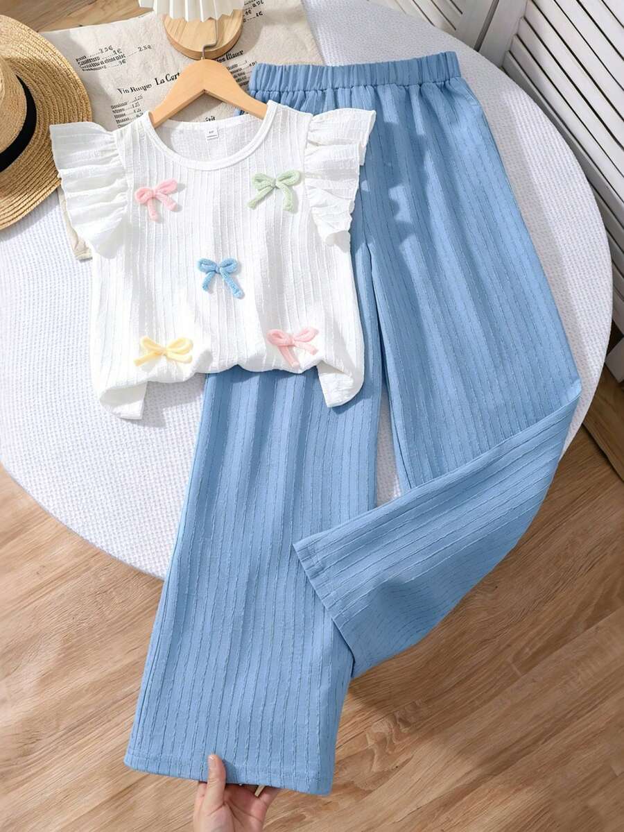SHEIN 2pcs/Set Girls Cute Summer Blue And White Tropical Vacation Holiday Casual T-Shirt,Flare Sleeve Textured Yarn Bow Top And Wide Leg Pants Set - Blue - View 1