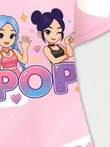 SHEIN Elladie kids 一件印有卡通女团图案、标志和爱心泡泡装饰的女童连衣裙，风格甜美柔和，符合韩式美学。适合夏季外出穿着，韩式风格，返校季服装，舒适时尚的儿童T恤裙 - 彩色 - 查看 5