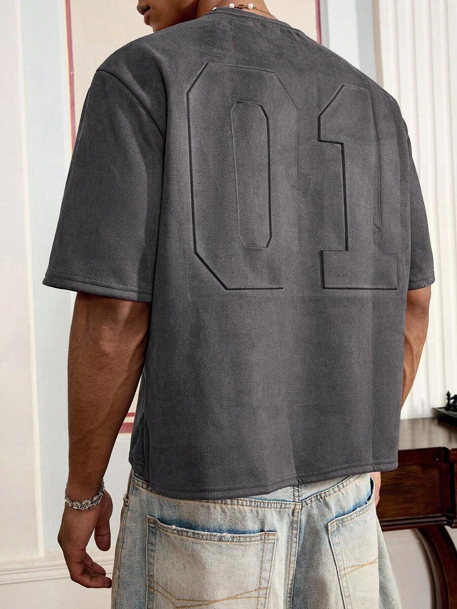 SWAVVY Men's Loose Knit Short Sleeve T-Shirt With Air Layer Suede, Summer, Streetwear - Dark Grey - View 1