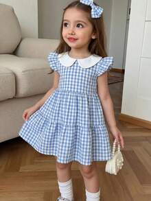 这款少女休闲日常百搭舒适宽松拼接撞色蓝色格子A字连衣裙，柔软公主风，适合母亲节、派对、聚会、姐妹装、返校日常穿着。 - 藍色 - 查看 5