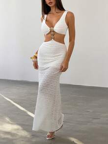 Bluhae Women's Vacation Metal Decor Hollow Out Sexy Dress, Suitable For Vacation, Festivals - Apricot - View 1