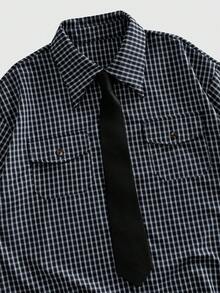 ROMWE MEN Men's Summer Casual Daily Commute School Style Patterned Print Flap Pocket Short Sleeve Cargo Shirt With Necktie - Black - View 3