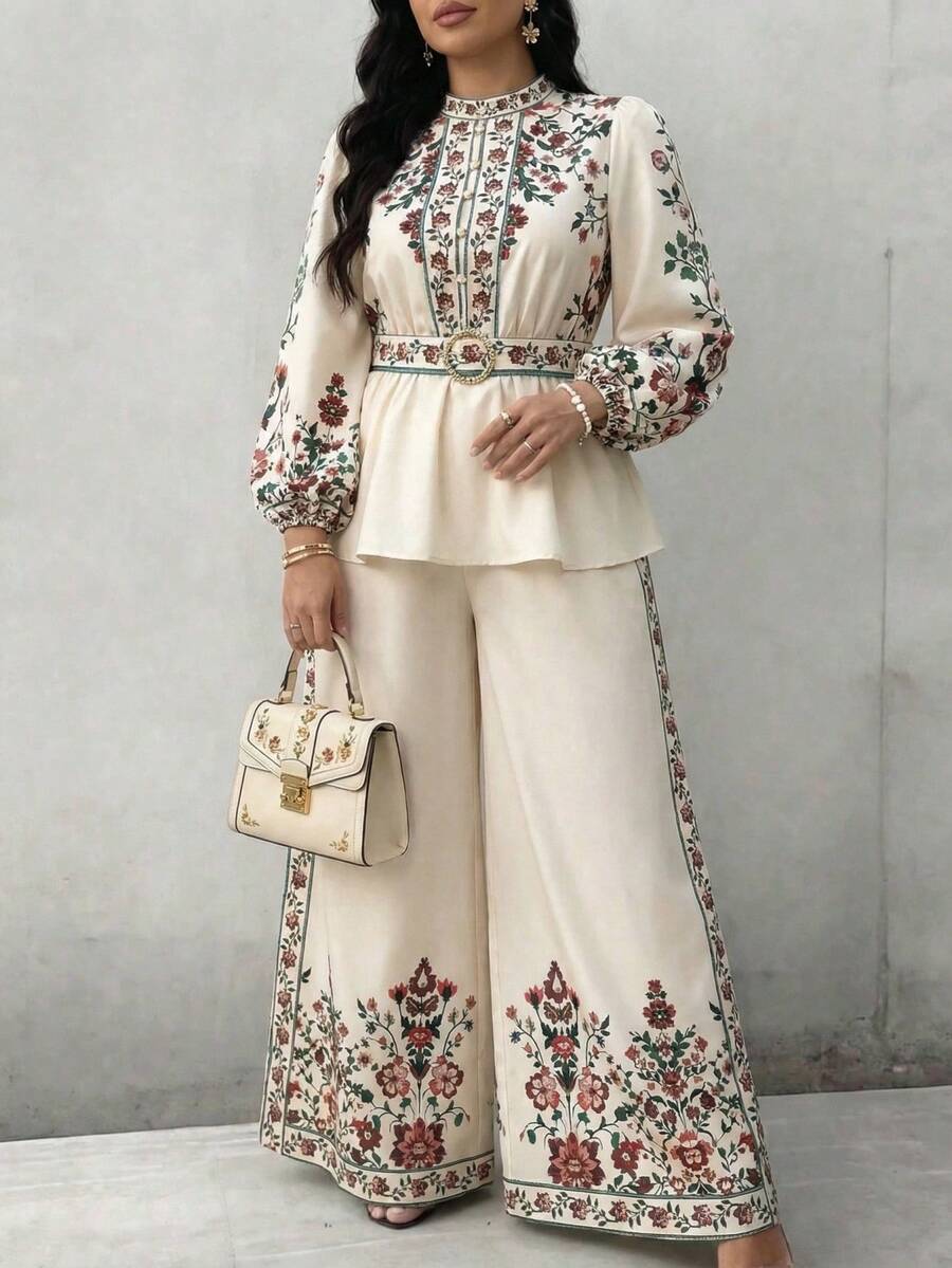 Modelyn Plus Size Elegant Floral Print Ruffle Hem Lantern Sleeve Top And Pants 2 Pieces Set, Autumn Modest Outfits For Women 2 Pieces Latest Outfit For Women - Multicolor - View 1