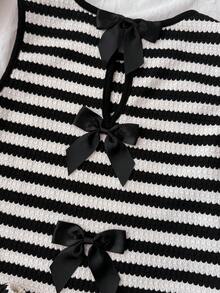 Mädchen Tween 2 Stücke Koordinations-Set mit gestreiftem Strick-Schmetterling-Rücken-Top und Shorts, schwarz-weiß gestreift, lässig für Frühling/Sommer, Urlaub, Nachmittagstee, Strand, Kreuzfahrt, Städtereise, Musikfestival, Boho-Urlaub - Schwarz und Weiss - Übersicht 3