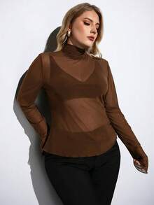 Maija Plus Size Women's High Neck Long Sleeve Sheer Blouse,Chocolate Brown Autumn Classy Night Out Club,Fitted Business Casual Mesh Top Mother's Day Outfit - Brown - View 6