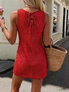 Cévolie Women's Casual Vacation Hollow-Out Knit Sleeveless Dress - Red - View 2