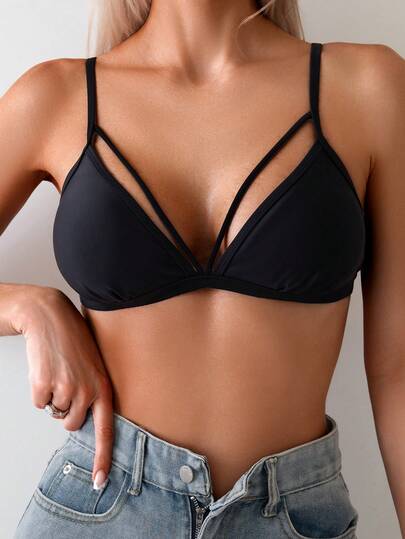 SHEIN Swim 女性夏季海灘實色中空性感比基尼上衣