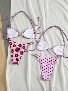Swim Mod Women's Polka Dot & Floral Print Pearl Decor Sexy Bikini Set, Suitable For Spring/Summer Beach & Music Festival - Multicolor - View 2