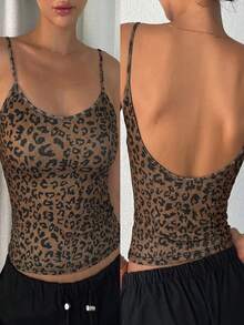 Women's Leopard Print Round Neck Fitted Backless Camisole Top, Summer - Multicolor - View 1