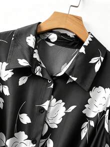 GlowEve CURVE Plus Size Women's Elegant Minimalist Turndown Collar Sleeveless Cinched Waist Long Floral Print Casual Shirt Dress, Spring/Summer - Black - View 3
