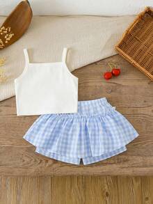 LMoss Kids 2pcs Baby Girl Knitted Solid Color Cherry Embroidery Camisole And Woven Shorts Set - Multicolor - View 2