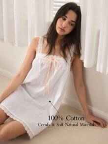 Ocili Women's Contrast Lace Front Tie Elegant Nightgown - White - View 2