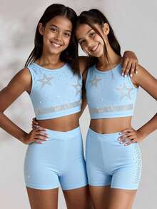 2pcs/Set Tween Girls' Round Neck Cropped Tank Top With Rhinestone Decor On Front, And Elastic Waist Shorts With Rhinestone Decor On Side, Stretchy And Soft For Running, Cycling, Workout, Casual Wear - Blue - View 1