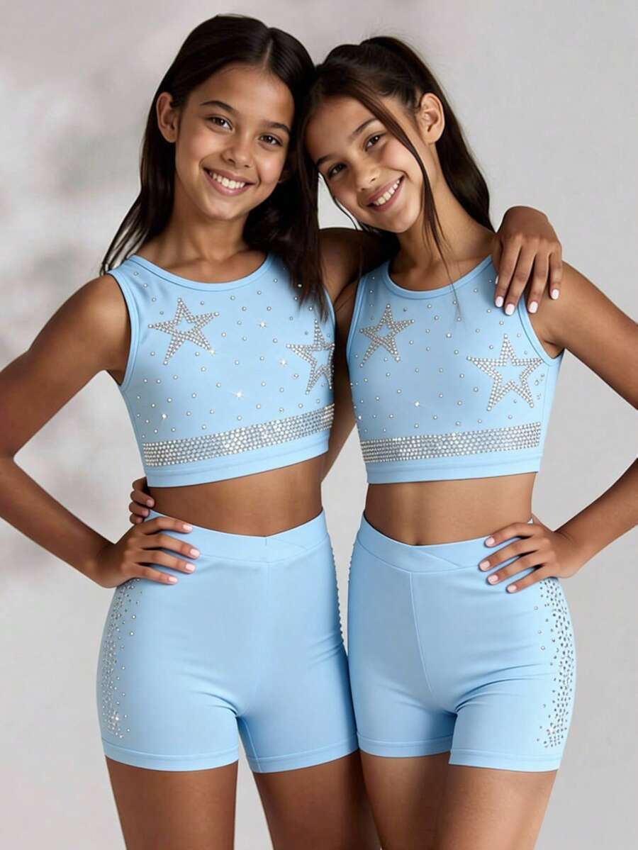 2pcs/Set Tween Girls' Round Neck Cropped Tank Top With Rhinestone Decor On Front, And Elastic Waist Shorts With Rhinestone Decor On Side, Stretchy And Soft For Running, Cycling, Workout, Casual Wear - Blue - View 1