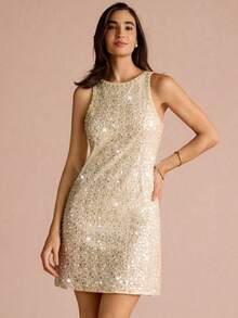 Enchnt Đầm ngắn không tay đính sequin dành cho nữ, thích hợp cho mùa hè - Màu be - Xem 4