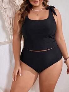 SHEIN CURVE+ 大码女士纯色比基尼两件套，显瘦简约经典泳装，细肩带设计，适合海滩度假 - 黑色 - 查看 4